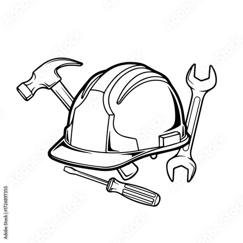 Construction Helmet and Tools Vector Illustration A symbol of labor, protection, and skilled trades, perfect for industry and DIY projects