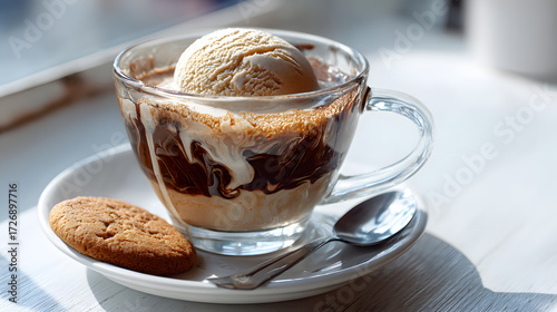 Mocha affogato in a clear cup on a saucer vanilla ice cream topped with espresso and cookie