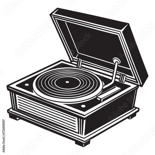 Retro vinyl record player with lid raised spinning disc and stylus detail