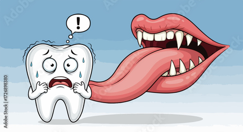 Scared tooth character with wide eyes and sweat drops running from monster mouth with sharp fangs and long tongue, vector illustration for dental fear concept.
