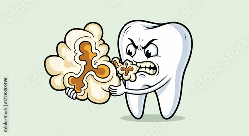 Cartoon tooth struggling with popcorn kernel stuck in teeth, dental health concept vector illustration.