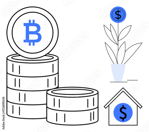 Stacked Bitcoin coins, money plant symbolizing financial growth, and house with dollar icon for investments. Ideal for finance, cryptocurrency, savings, growth, planning, sustainability