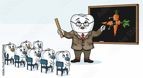 Cartoon tooth skiing down snowy mountain slope, wearing warm winter hat, ski goggles, holding poles, enjoying dynamic tooth skiing experience. Ideal tooth skiing illustration for dental clinics,