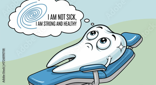 Cartoon tooth character sitting in dentist chair with thought bubble, toothache anxiety and dental fear concept. Cartoon tooth character with dental phobia, toothache, anxiety about treatment.