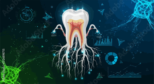 Dental health vector illustration with tooth anatomy and scientific data visualization. Dental care concept for medical technology and research.
