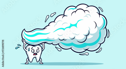 Vector illustration of a cartoon tooth struggling to hold a large amount of toothpaste, symbolizing dental hygiene challenges. Clean line art concept for oral care advertising and health education.