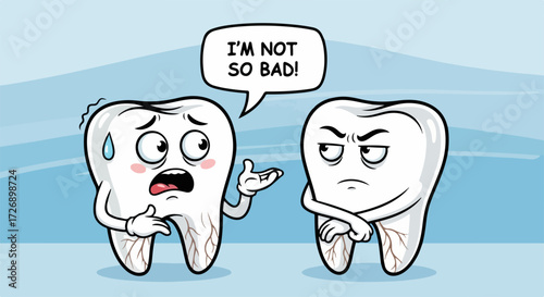 Cartoon tooth characters showing dental health concepts, two cartoon tooth characters, one looking worried and other looking skeptical. Cartoon tooth characters for educational and health promotion,