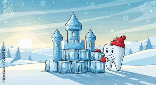 Cartoon tooth builds ice castle snowscape for winter tooth care. Happy tooth red hat, mittens constructs frosty fortress cold terrain, promoting oral hygiene winter tooth care.