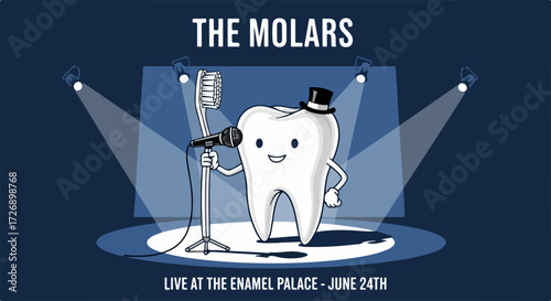 Cartoon tooth singing on stage. This cartoon tooth is a molar wearing black top hat and singing to microphone under spotlights. Concept cartoon tooth for dentistry and dental care services.