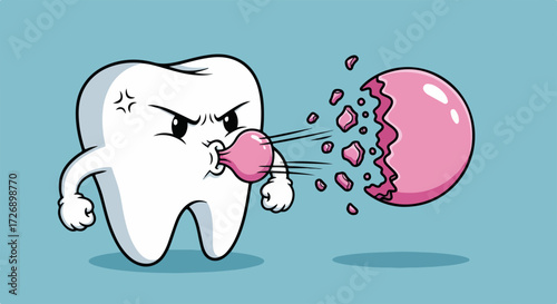 Tooth cartoon blowing bubble gum features animated molar character with angry expression. Tooth cartoon showing oral hygiene concept with pink chewing gum.