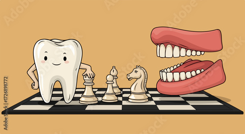 Funny tooth playing chess with dentures on checkerboard background. Cartoon tooth participates in chess game, which represents a competition. Concept funny tooth,