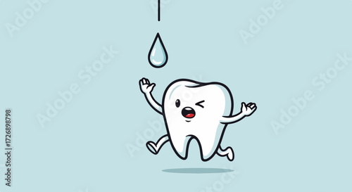 Cartoon tooth character running from water drop, dental fear concept. Cartoon tooth character shows dental fear and tries to escape from water.
