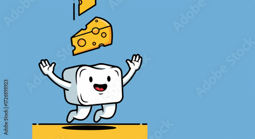 Character mascot celebrating, shows blocks of cheese falling with happiness and joy. Mascot illustration features cheerful character jumping with joy as cheese falls from above,