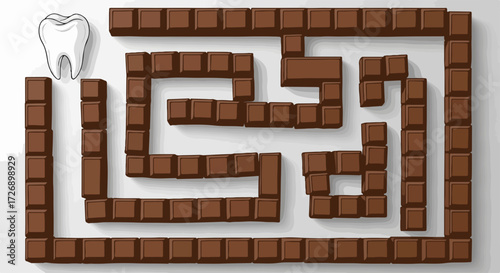 Tooth navigating challenging chocolate maze on clean white background, sweet candy barriers form intricate puzzle illustrating temptation and risk.