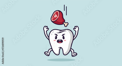 Tooth problem depicted with cute molar character, a tooth problem that avoids the ham hock piece falling above.