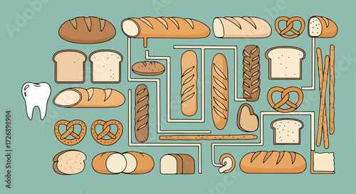 Bread carbs depicted in detailed, colorful illustration, showing various types of bread in diagram format.