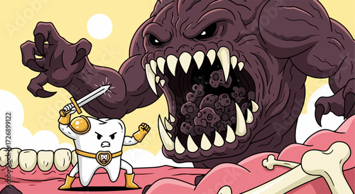 Tooth warrior fighting monster, vector illustration of dental hygiene concept. Tooth hero battling cavity creature, oral care symbol for health and protection. Dental health campaign vector art.