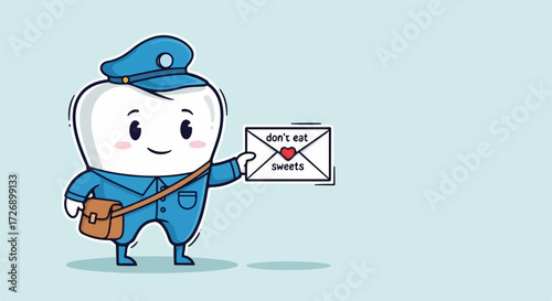tooth character as mail carrier delivering envelope with dental health message vector illustration. Whimsical dental hygiene concept for childrens education and oral care promotion vector.