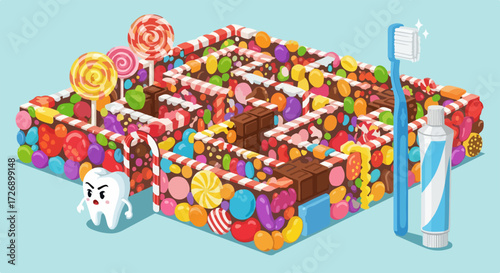 Tooth decay concept features a candy maze with sweets and toothbrush, dental hygiene items for oral care. Navigate candy maze, filled with lollipop and chocolate bar; dental care is essential.
