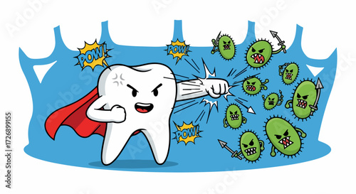 Fighting germs illustration features strong tooth character heroically protecting against bacteria invasion. Tooth hero with cape fights germs to keep mouth healthy and teeth strong,