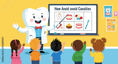 Smiling tooth character teaching children about dental hygiene, vector illustration. Cartoon tooth explains how to avoid cavities with visual aids on whiteboard.