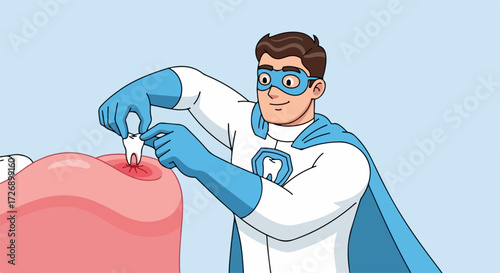 Superhero dentist removing tooth, dental care vector illustration. Tooth fairy concept for childrens dental health, pediatric dentistry, and oral hygiene.