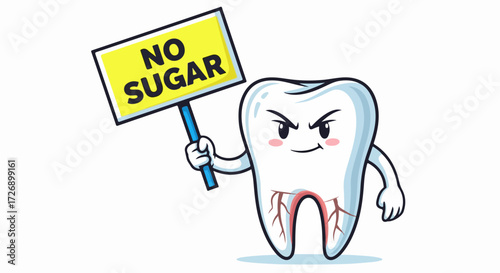 No sugar illustration features cartoon tooth holding sign, representing dental health awareness.