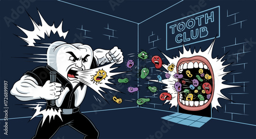 Tooth club brawl in stylized cartoon, a humorous scene showing tooth club action. Scene displays anthropomorphic tooth fighting against bacteria near open mouth.