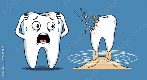 Cracked tooth, tooth is broken with damaged gums, and a cartoon tooth is scared about tooth decay.
