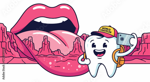 World traveler cartoon illustration depicting human tooth with mountains reflected in tongue, personifying travel, and wanderlust. World traveler embodies adventure and dental health,