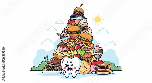 Unhealthy food mountain with worried tooth in cartoon style. Unhealthy food consists of burgers, pizza, and sweets that cause damage.