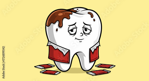 Tooth decay warning with sad tooth covered in melted chocolate, a depiction of sugar effects. Tooth decay from sweets represents dangers to dental health and poor oral hygiene,