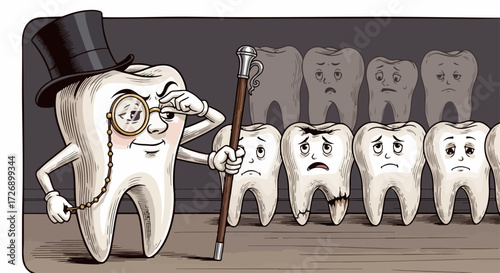 Illustration displaying dental hygiene, featuring a sophisticated tooth character examining healthy and decayed teeth in a row. This visual emphasizes good dental hygiene,