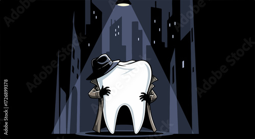 Cartoon tooth detective illustration standing under bright spotlight, embodying dental care mystery. Stylized tooth detective character wears fedora hat and trench coat,