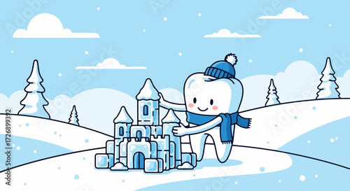 Cartoon tooth building snow castle, representing winter dental care in frosty landscape. Happy molar wears warm blue hat, scarf, promoting oral hygiene for cold season.