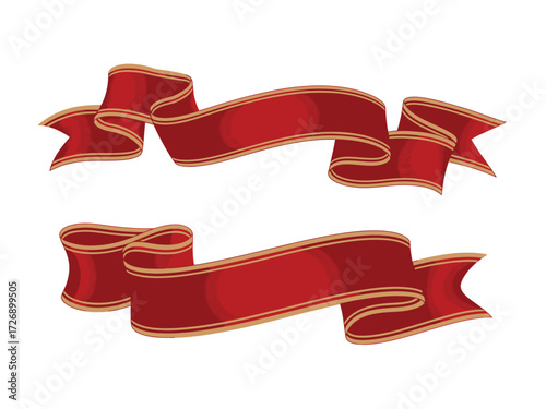 Two elegant red ribbons with golden trim vector illustration for declarative design elements silhouette vector illustration white background