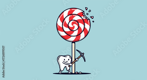 Dental health concept showcasing sweet temptation with a cheerful tooth character attacking oversized lollipop with candy cane swirl. Sweet temptation symbolizes decay and oral hygiene threat.