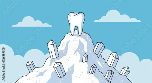 Tooth decay prevention with large molar sitting atop sugary mountain. Tooth decay prevention with a healthy molar that represents strong teeth in cartoon style, surrounded by sugary crystals.