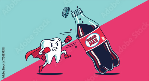 Cartoon tooth versus soda on a split background, a cartoon tooth wearing a cape boxing with a soda bottle. Tooth versus soda is a metaphorical representation of dental health versus sugary drinks.
