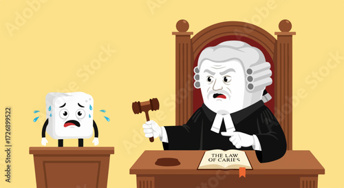 Illustration featuring sugar cube character on trial in court. Sugar cube character faces a trial with a judge, representing justice and decisions under law.