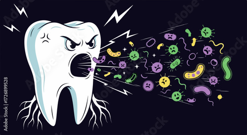Bad breath depicted with a screaming tooth surrounded by bacteria. Bad breath is represented through animated germs leaving bad tooth.