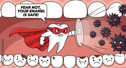 Superhero tooth fighting bacteria to protect enamel. This enamel protection scene shows tooth defense with shield and cape. Bacteria protection from oral diseases,