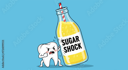 Sugar shock illustration of cartoon tooth being overwhelmed by sugary drink. Sugar shock represented by a tooth being pushed over by large bottle, suggesting negative impact.