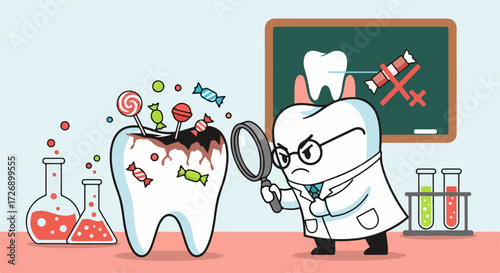Cartoon tooth decay illustration with cavities, candies, and angry doctor holding magnifying glass. Tooth decay is serious, doctor is examining patient with cavities and candies.