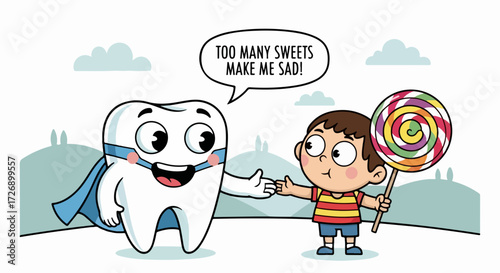 Cartoon tooth hero greets sad boy with lollipop, showing sugary sweets concept. Cartoon tooth character wants children to eat fewer candies. Suggesting sugary sweets are bad for teeth.