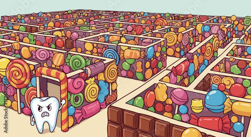 Candy maze with a disgruntled tooth character, tooth decay prevention idea. This candy maze, a challenging puzzle crafted with lollipops, chocolates, and various sweets, emphasizes tooth decay risk.
