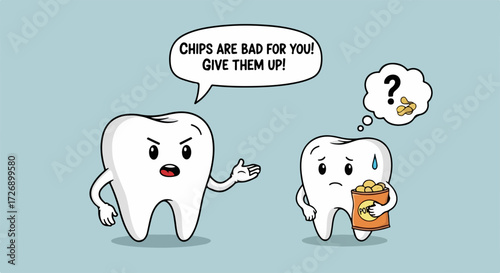 Cartoon chips bad for you illustration showcases two teeth and health concept, one tooth scolds, chips bad for you. Dental health concept, chips bad for you, the first tooth is angry,