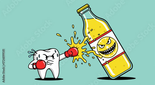 Illustration of a tooth boxing against a drink bottle representing the fight against tooth decay. Tooth fights against a drink with sugars, representing a battle for dental health and hygiene.