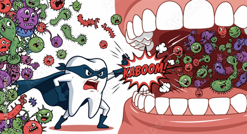 Tooth hero fighting bacteria to save oral health, battling against germs with a burst of power. Tooth hero demonstrates great cavity protection and dental care in vibrant comic illustration.
