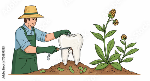 Tooth decay prevention concept featuring dentist in a garden tending to human molar. Tooth decay prevention involves a dentist gardener removing caries from damaged tooth, symbolizing dental care.